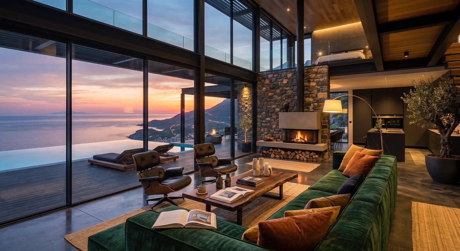 The living room, fireplace and sea view