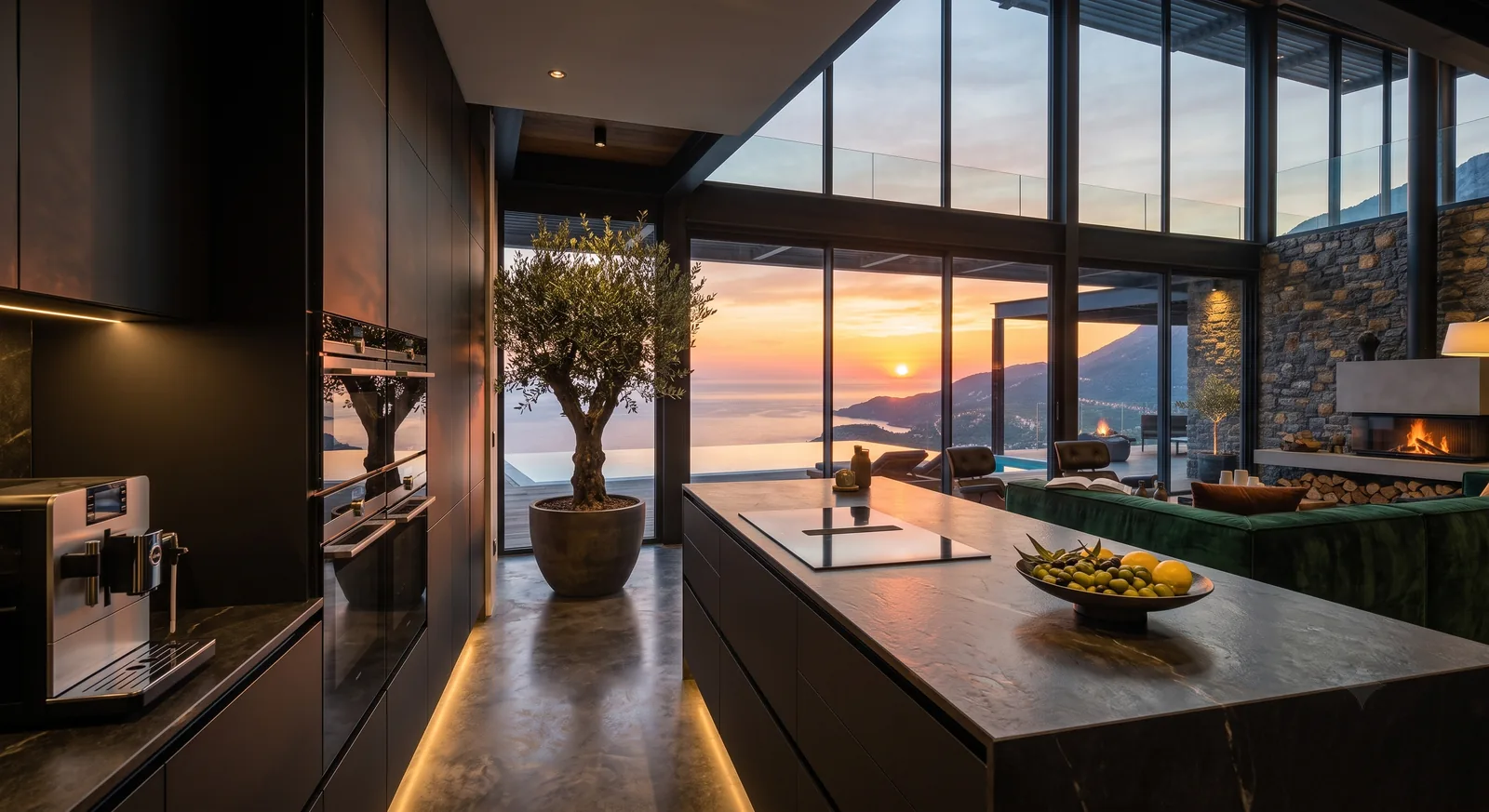 The chef's kitchen and marble island at sunset