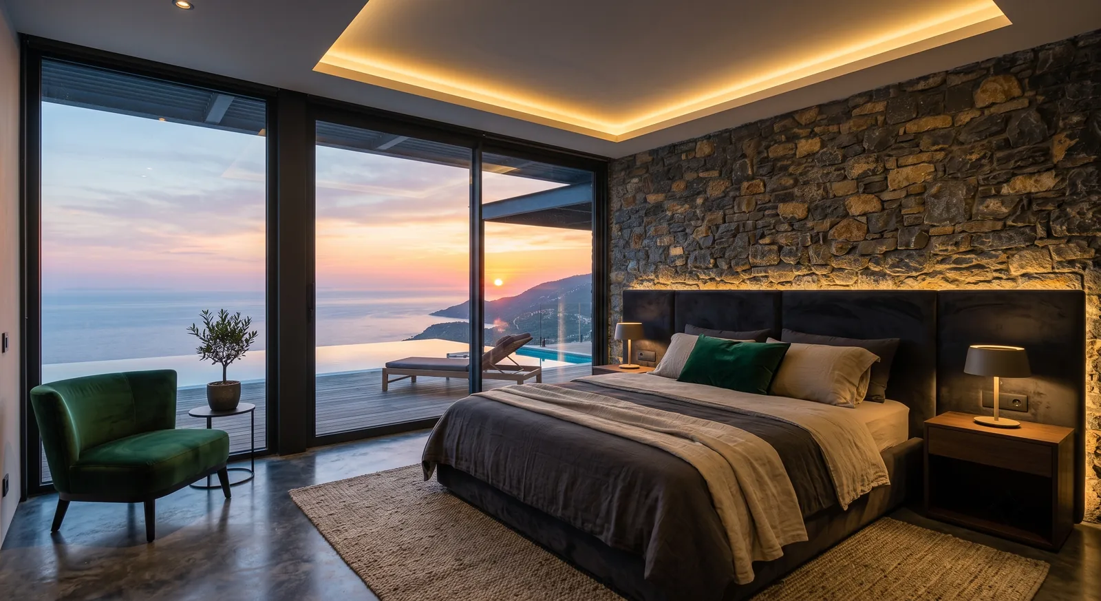 The master suite at dusk